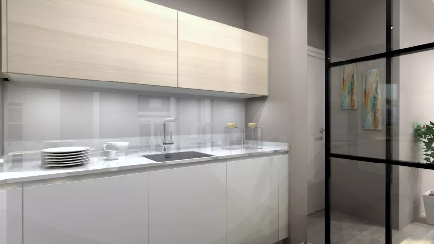 Aravaca | Cocina Santos | Modelo Line Estratificado Blanco y Fresno | Encimera Silestone Blanco