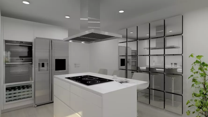 Cocina Santos | Modelo Line Laminado Seda Blanco | Encimera Granito Negro