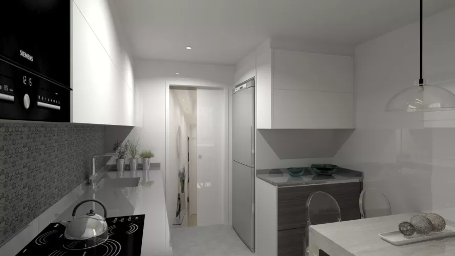 Aravaca | Cocina Santos | Modelo Line Roble Grisaceo y Blanco | Encimera Silestone Kensho