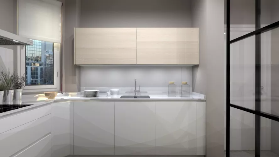 Aravaca | Cocina Santos | Modelo Line Estratificado Blanco y Fresno | Encimera Silestone Blanco