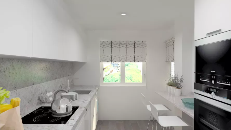 Aravaca | Cocina Santos | Modelo Minos Estratificado Blanco | Encimera Granito Naturamia Alaska