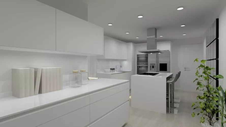 Cocina Santos | Modelo Line Laminado Seda Blanco | Encimera Granito Negro