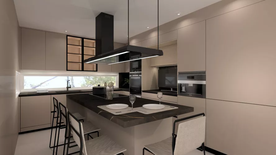 Cocina moderna en tonos arena con isla central