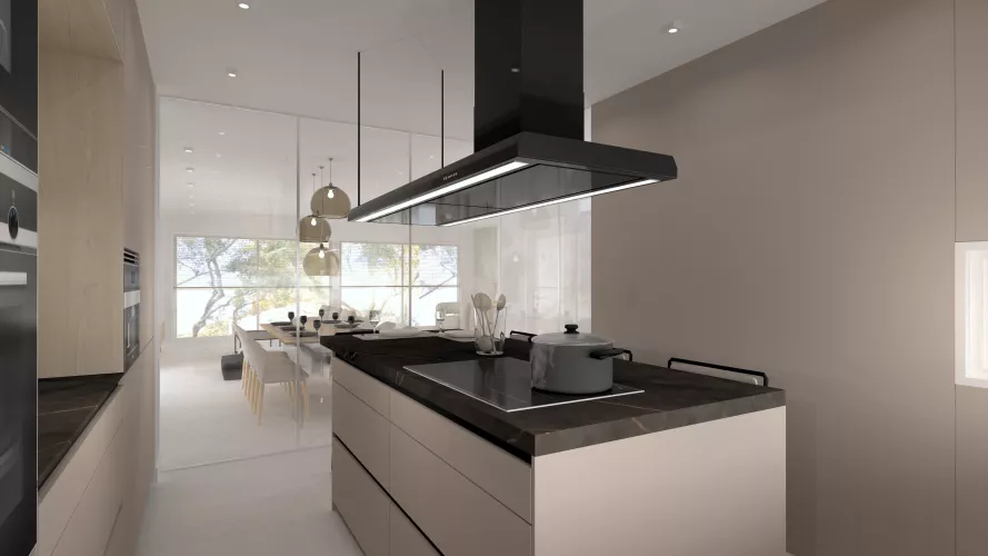 Cocina moderna en tonos arena con isla central