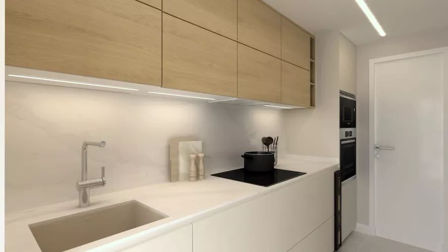 Muebles bajos blancos y altos en madera