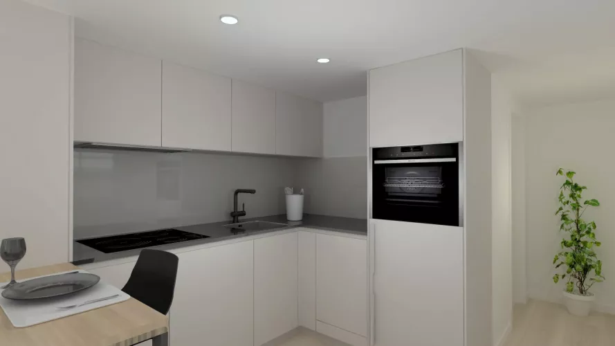 Cocina Cashmere en L con Barra de Madera