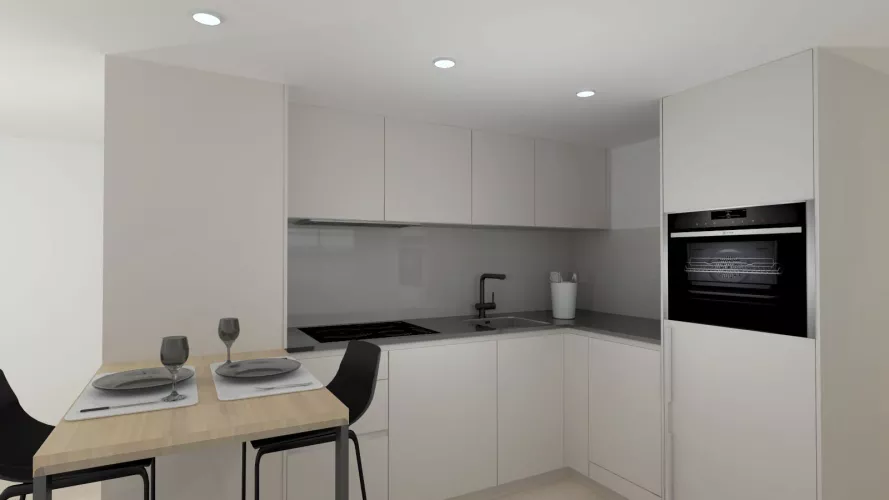 Cocina Santos en L con Barra de Madera