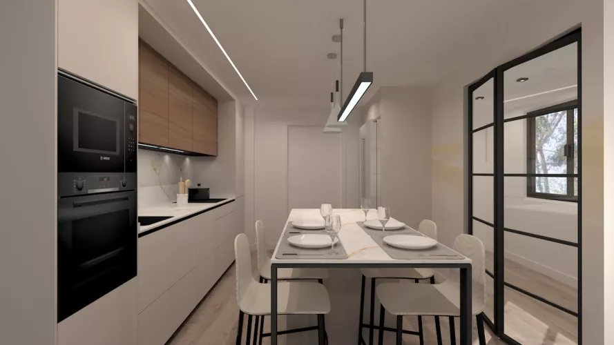 Cocina Blanca lineal con isla