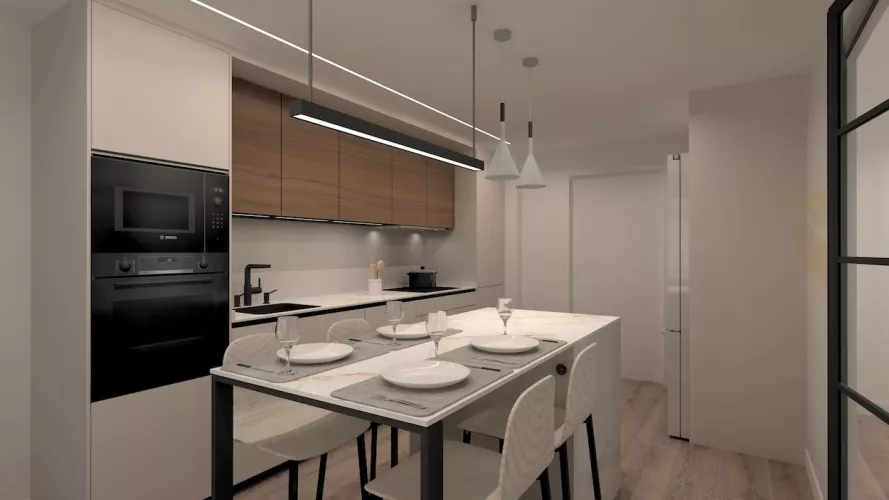 Cocina Blanca lineal con isla