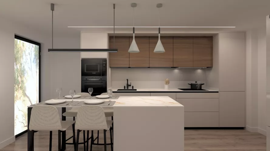 Cocina Blanca lineal con isla