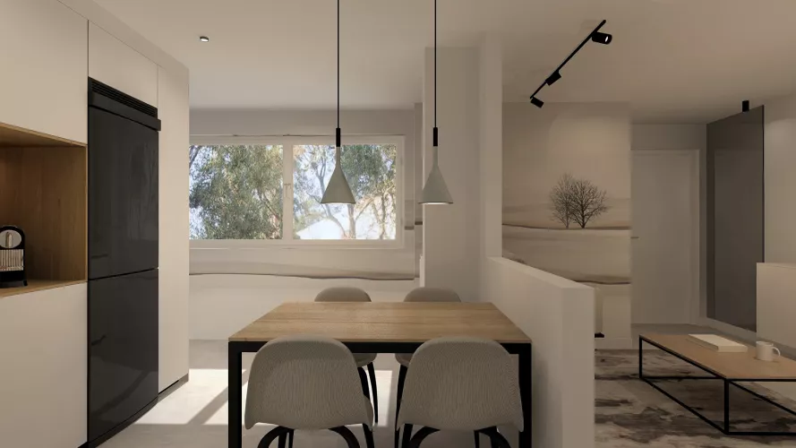Cocina Santos Blanca Seff semiabierta al salón con electrodomésticos negros y encimera Super Blanco Gris