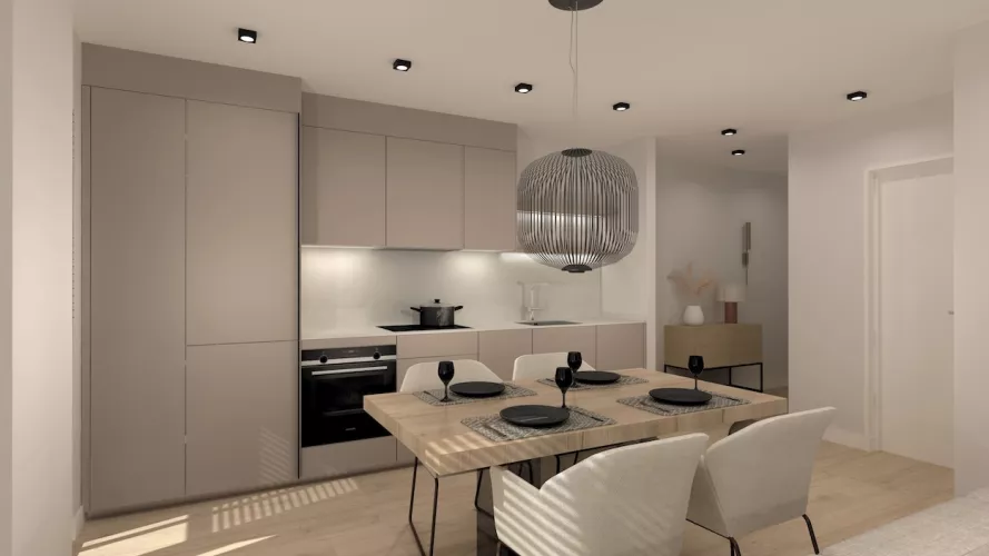 Cocina gris arena con mesa comedor