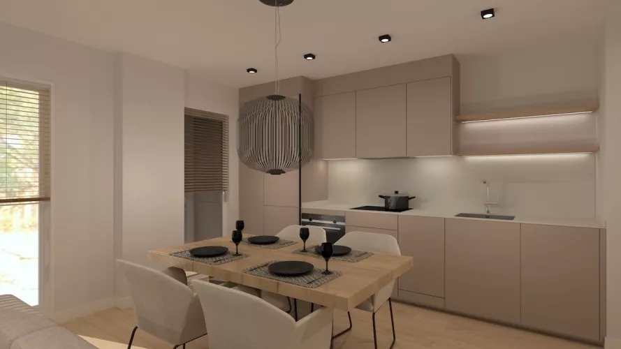 Cocina gris arena con mesa comedor