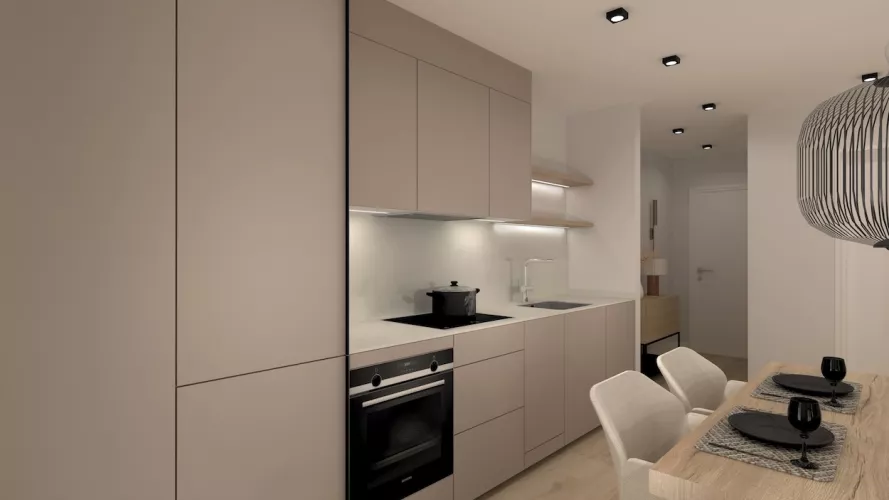 Cocina gris arena con mesa comedor