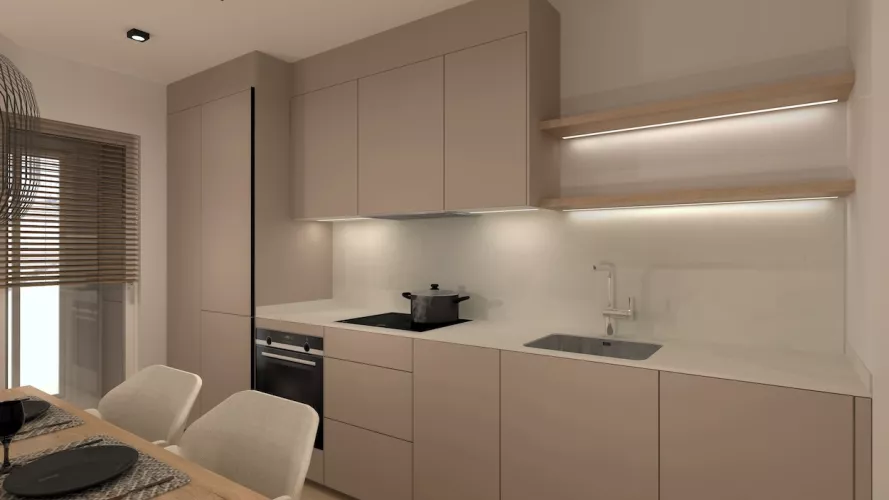 Cocina gris arena con mesa comedor