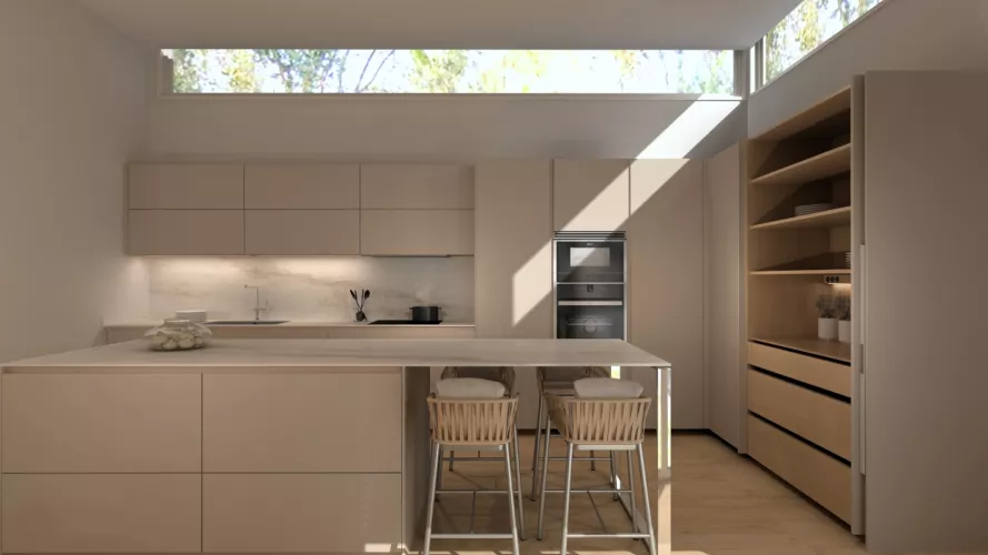 Cocina gris arena y roble con isla