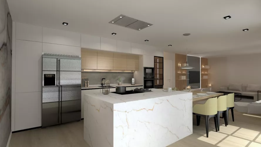 Cocina Santos blanca y madera con isla abierta al salón