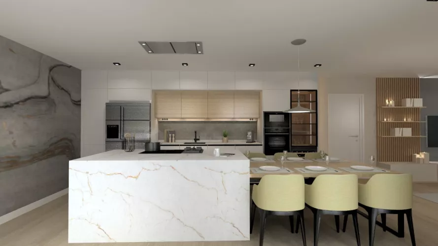 Cocina Santos blanca y madera con isla abierta al salón