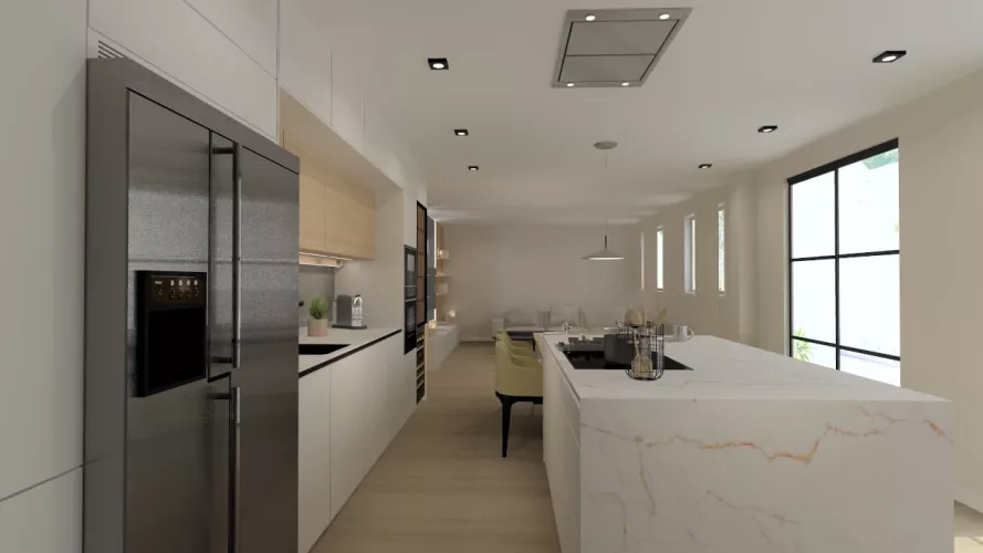 Cocina Santos blanca y madera con isla