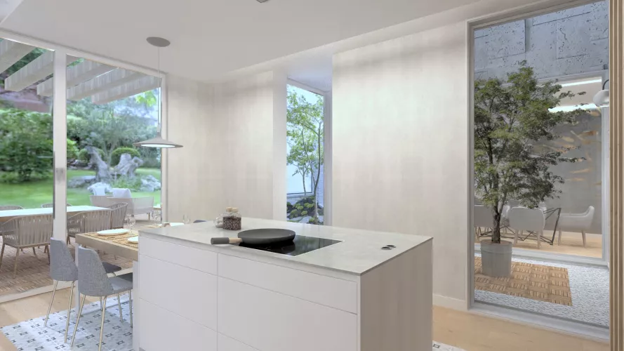 Cocina Santos con Isla en Blanco y Roble