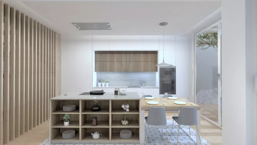 Cocina Santos con Isla en Blanco y Roble