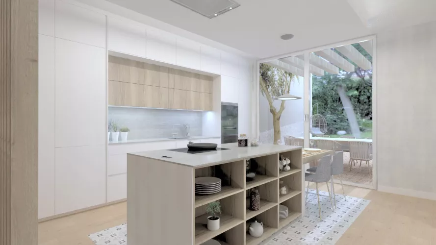 Cocina Santos con Isla en Blanco y Roble