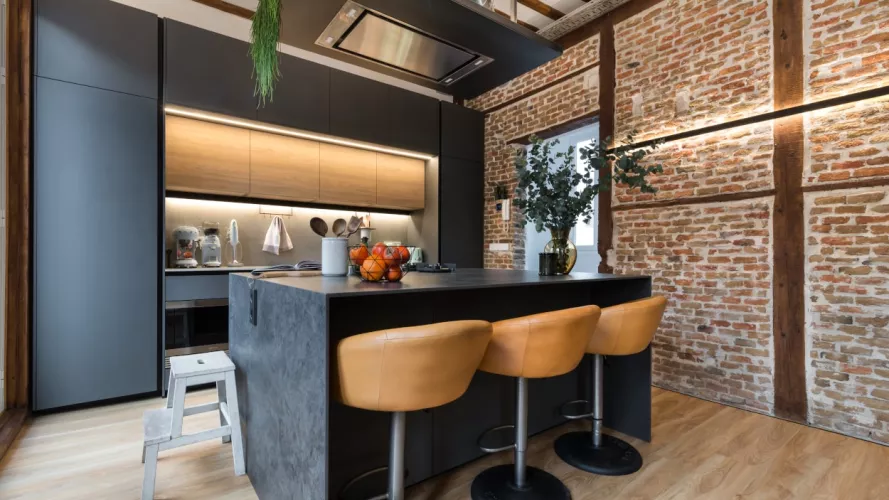 Cocina Santos gris con isla y barra