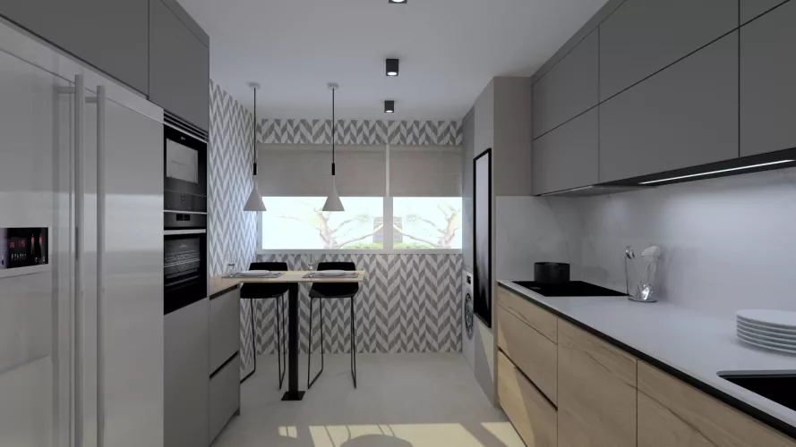 Cocina Santos Madera y Gris en Paralelo