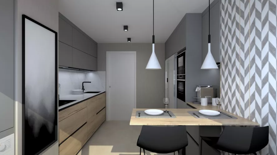 Cocina Santos Madera y Gris en Paralelo