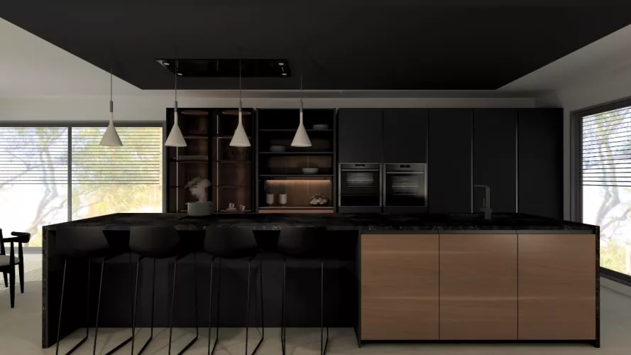 Cocina Santos negra con isla abierta al salón