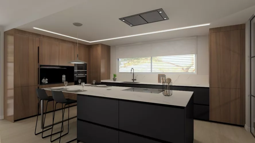 Cocina Santos negra y nogal con isla