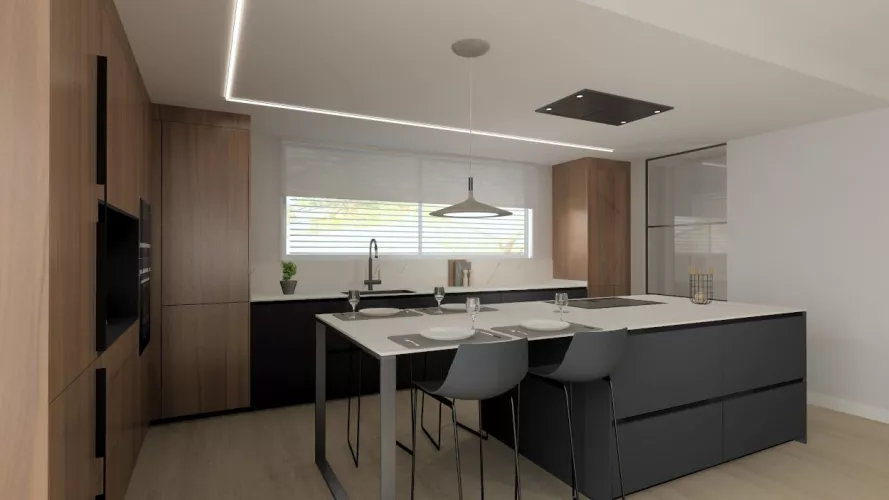 Cocina Santos negra y nogal con isla