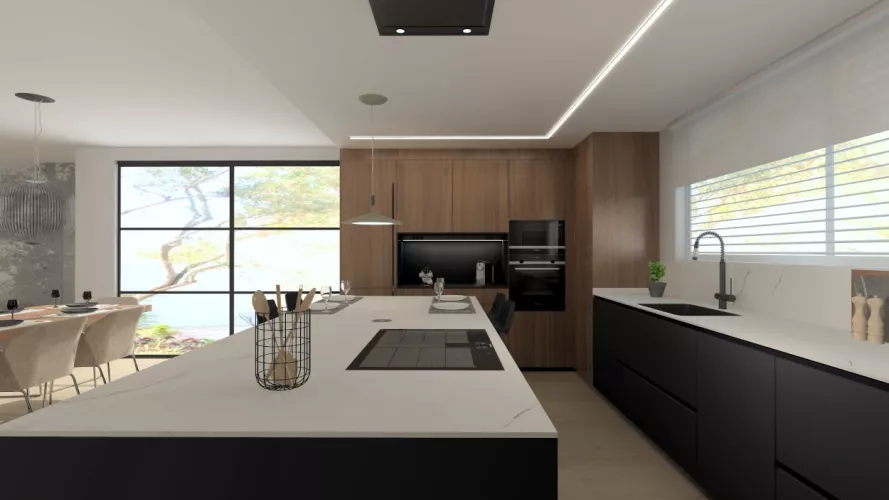 Cocina Santos negra y nogal con isla