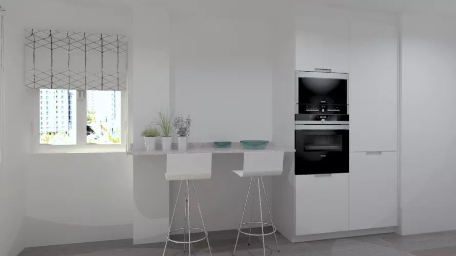 Aravaca | Cocina Santos | Modelo Minos Estratificado Blanco | Encimera Granito Naturamia Alaska