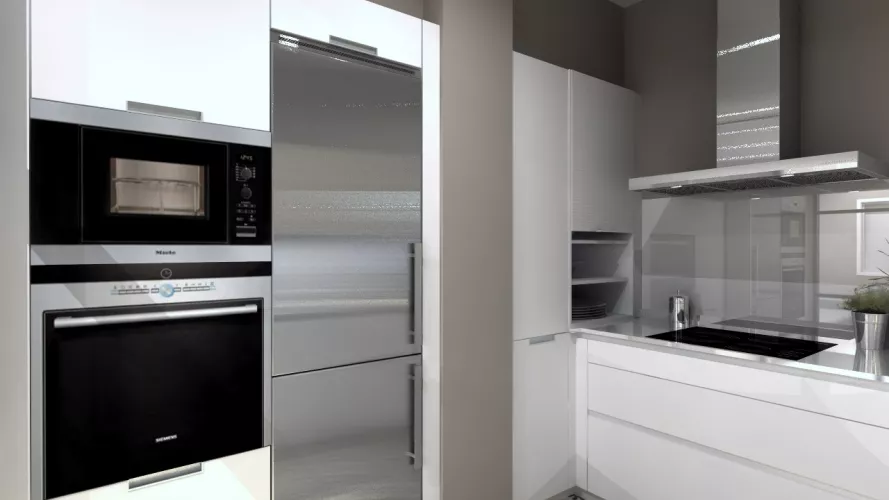 Aravaca | Cocina Santos | Modelo Line Estratificado Blanco y Fresno | Encimera Silestone Blanco