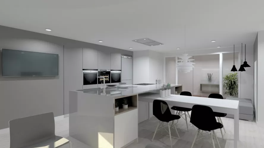 Cocina Santos | Modelo Line Lah Blanco Y Gris Vison | Encimera Dekton Lumina Solid