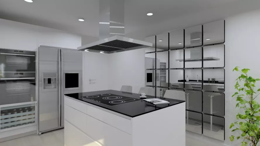 Cocina Santos | Modelo Line Laminado Seda Blanco | Encimera Granito Negro