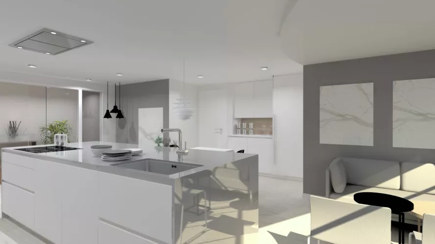 Cocina Santos | Modelo Line Lah Blanco Y Gris Vison | Encimera Dekton Lumina Solid