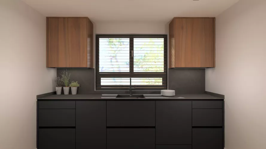 Frente cocina negra y nogal