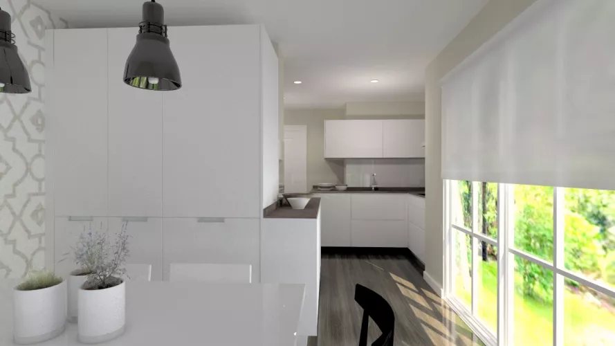 Aravaca | Cocina Santos | Modelo Line L Blanco Seda | Encimera Neolith Iron Cooper