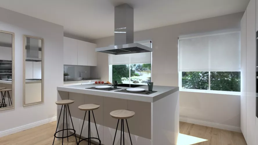 Aravaca | Cocina Santos | Modelo Minos Laminado Blanco Brillo | Encimera Neolith Piedra 