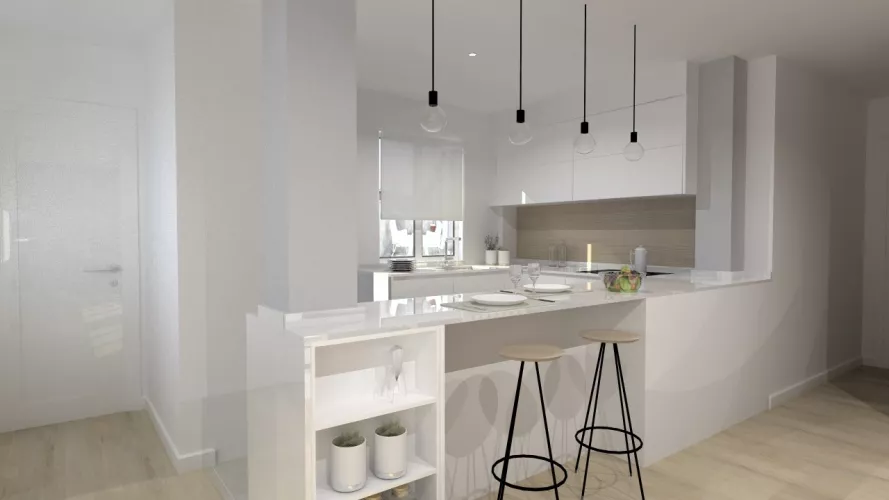Aravaca | Cocina Santos | Modelo Minos Line Estratificado Blanco | Encimera Silestone Blanco