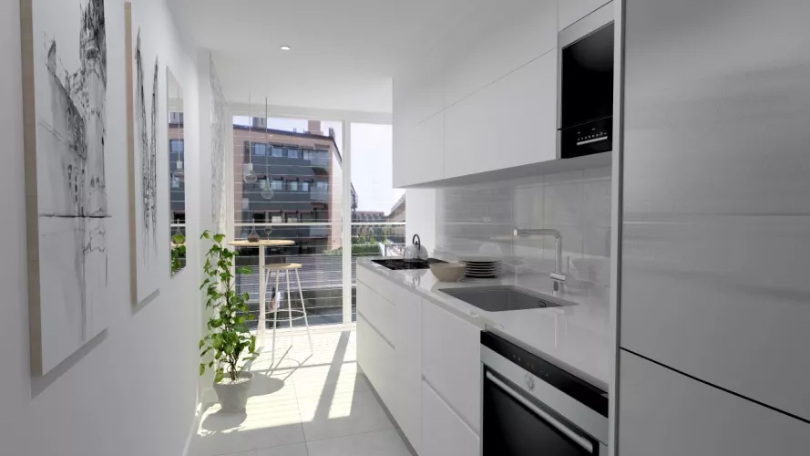 Laminado seda blanco en cocina Santos Line con encimera blanca Silestone