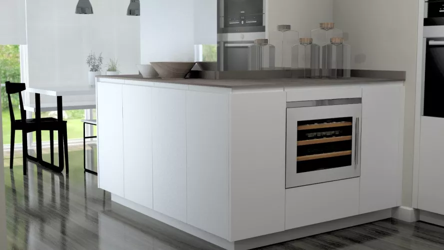 Aravaca | Cocina Santos | Modelo Line L Blanco Seda | Encimera Neolith Iron Cooper