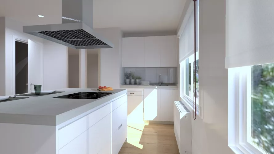 Aravaca | Cocina Santos | Modelo Minos Laminado Blanco Brillo | Encimera Neolith Piedra 