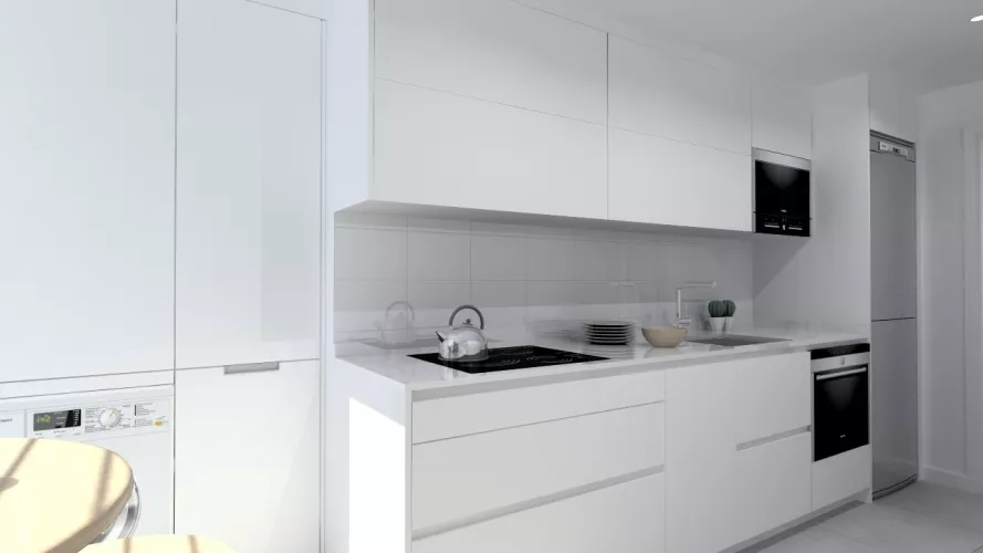 Laminado seda blanco en cocina Santos Line con encimera blanca Silestone