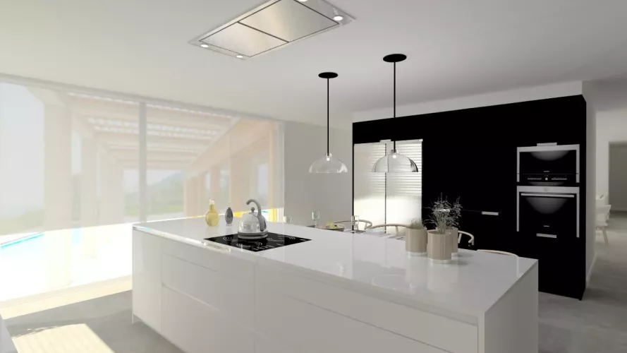 Cocina Santos I Modelo Line-E Blanco Seff y Modelo Minos-E color Negro Cromo Mate | Encimera Silestone Blanco Zeus