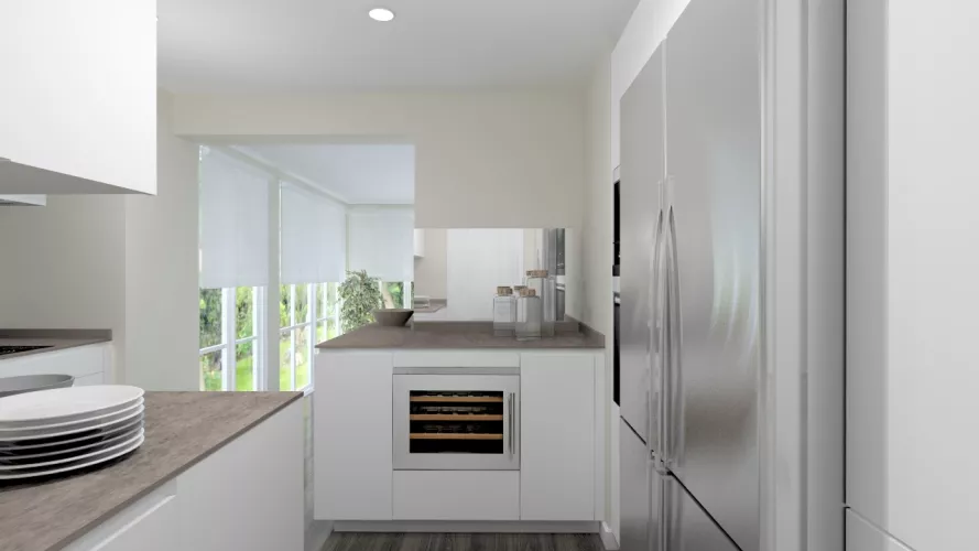 Aravaca | Cocina Santos | Modelo Line L Blanco Seda | Encimera Neolith Iron Cooper