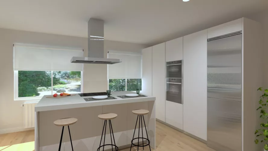 Aravaca | Cocina Santos | Modelo Minos Laminado Blanco Brillo | Encimera Neolith Piedra 