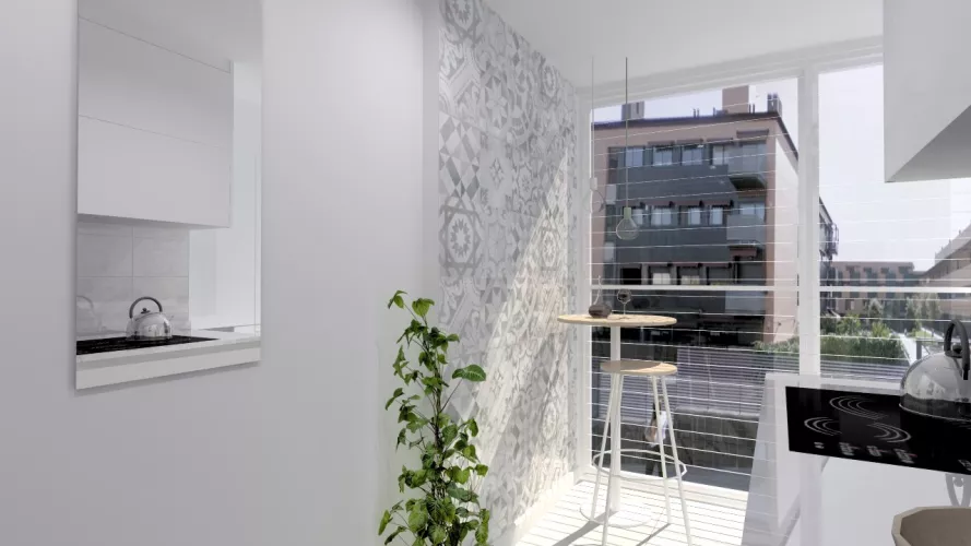 Laminado seda blanco en cocina Santos Line con encimera blanca Silestone